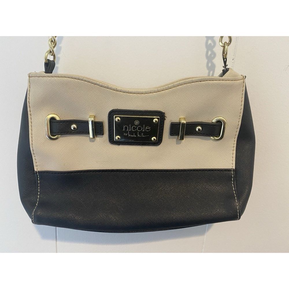 Nicole by Nicole Miller Black and White Small Crossbody Bag Gold Chain Adj Strap